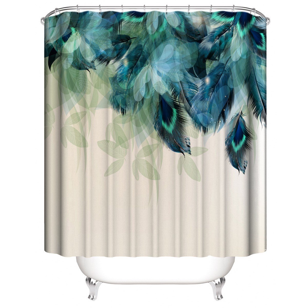 3D Shower Curtain Blue Feather Pattern Bathroom Partition Curtain Set Durable Waterproof Mildew Proof Polyester