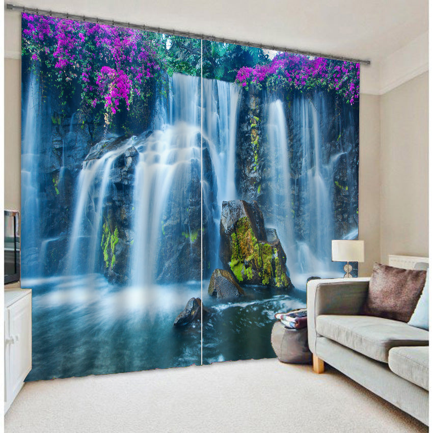 3D Wonderful Waterfalls with Purple Flowers Printed Natural Scenery Custom Curtain for Living Room