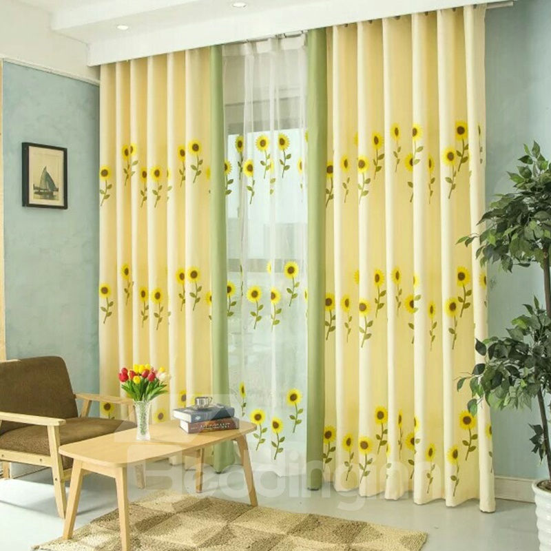 Decoration and Blackout Blooming Sunflowers Natural and Modern Style Polyester Shading Curtain Sheer Curtain