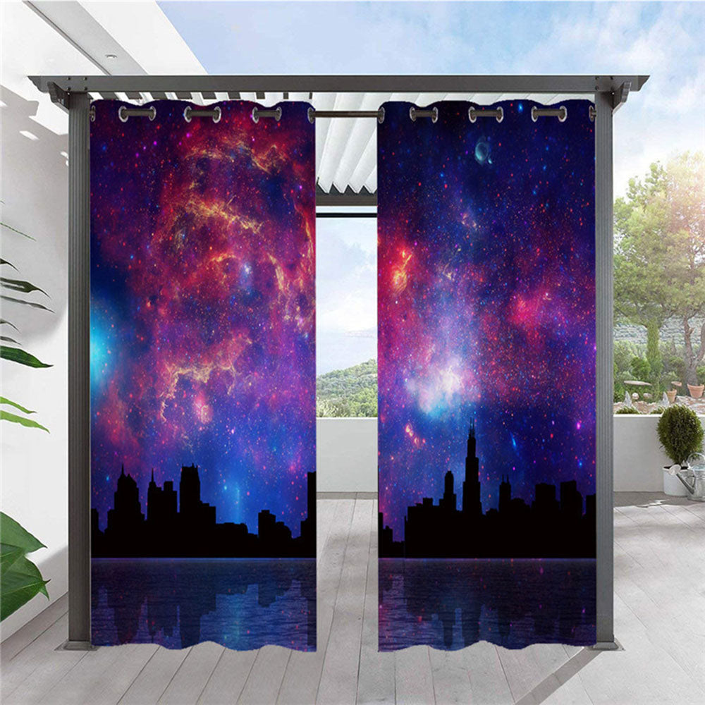 Modern Outdoor Curtains 3D Galaxy and City Scenery Cabana Grommet Top Curtain Waterproof Sun-proof Heat-insulating 2 Panels