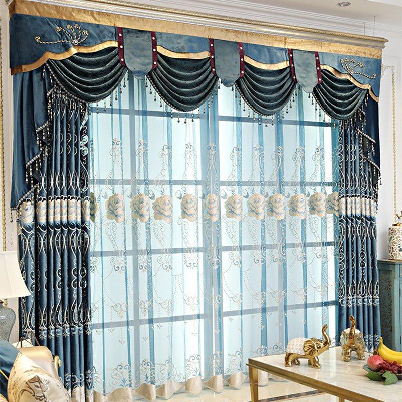 Luxury Blue Blackout Curtains Exquisite Floral Embroidery Sheer Window Shading Curtains Valance for Living Room Bedroom Custom Set of 2 Panels Drapes