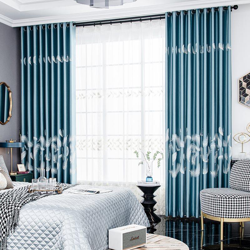 Blackout Curtains Modern Style Feather Pattern Shading Curtains Blue for Living Room Bedroom Window Decoration Custom 2 Panels Drapes Chenille