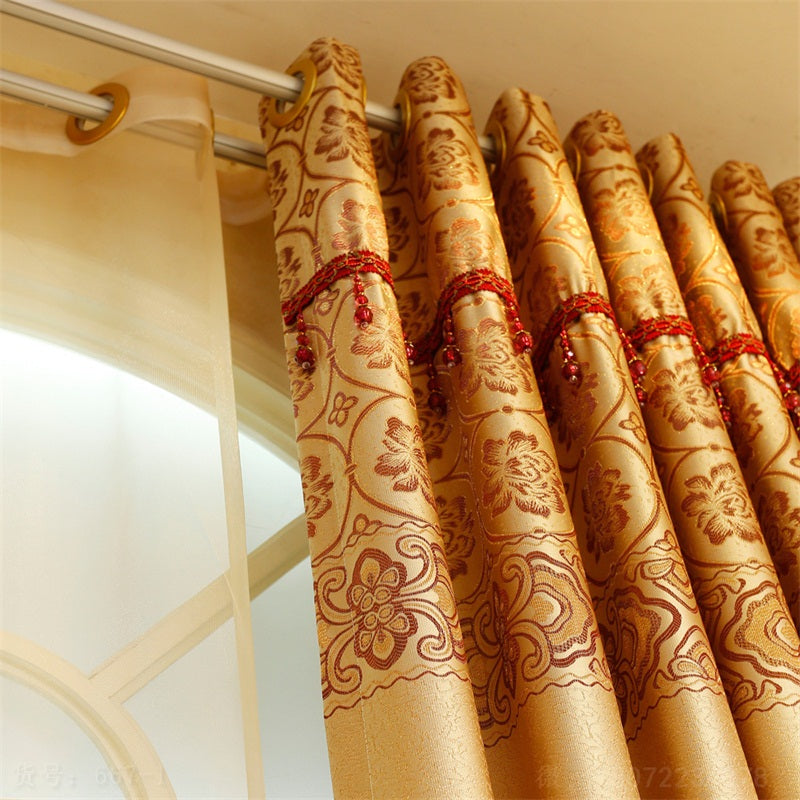 Noble and Elegant Blackout Curtains Thick Chenille Embroidered Golden and Red Flowers Shading Curtain 2 panels Grommet Top Curtain