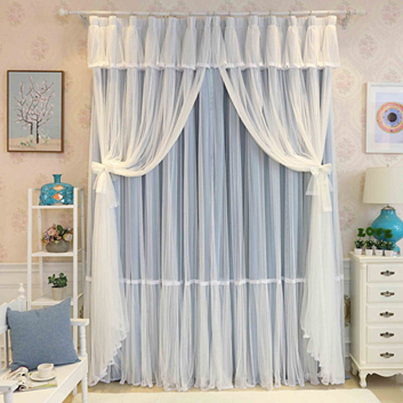 Princess Style Blue Sheer and Cloth Sewing Together Blackout Custom Curtain