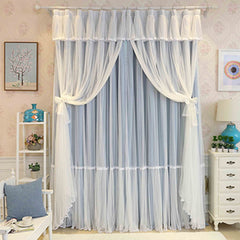 Princess Style Blue Sheer and Cloth Sewing Together Blackout Custom Curtain