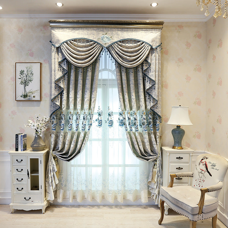 European Luxurious Shading Curtains Sheer Waterfall Valance Light Gray Embroidered Blackout Grommet Curtains for Living Room Bedroom Decoration Custom 2 Panels Drapes