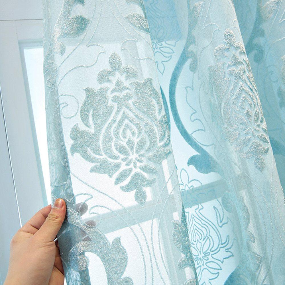 European High-end Sky Blue Embossed Sheer Curtains for Living Room Bedroom Custom 2 Panels Breathable Voile Drapes No Pilling No Fading No off-lining Polyester