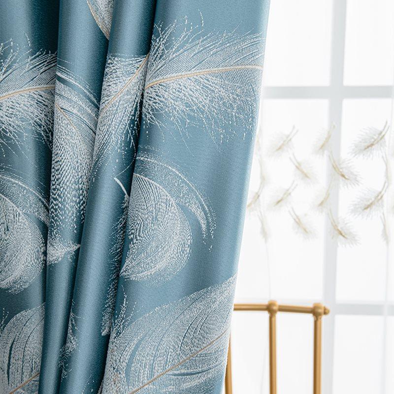 Blackout Curtains Modern Style Feather Pattern Shading Curtains Blue for Living Room Bedroom Window Decoration Custom 2 Panels Drapes Chenille