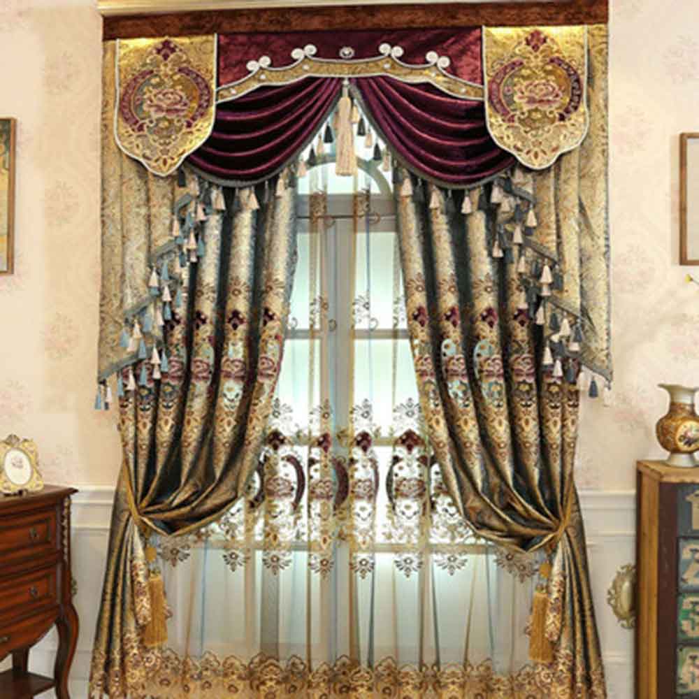 Gorgeous Luxury Golden Embroidered Shading Cloth 2 Panels Decorative Blackout Curtain Drapes Valance