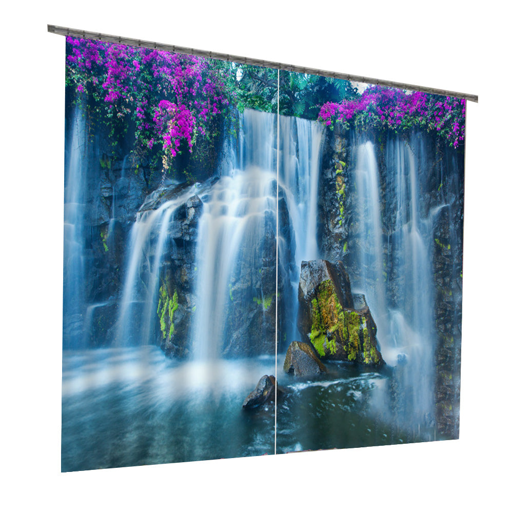 3D Wonderful Waterfalls with Purple Flowers Printed Natural Scenery Custom Curtain for Living Room