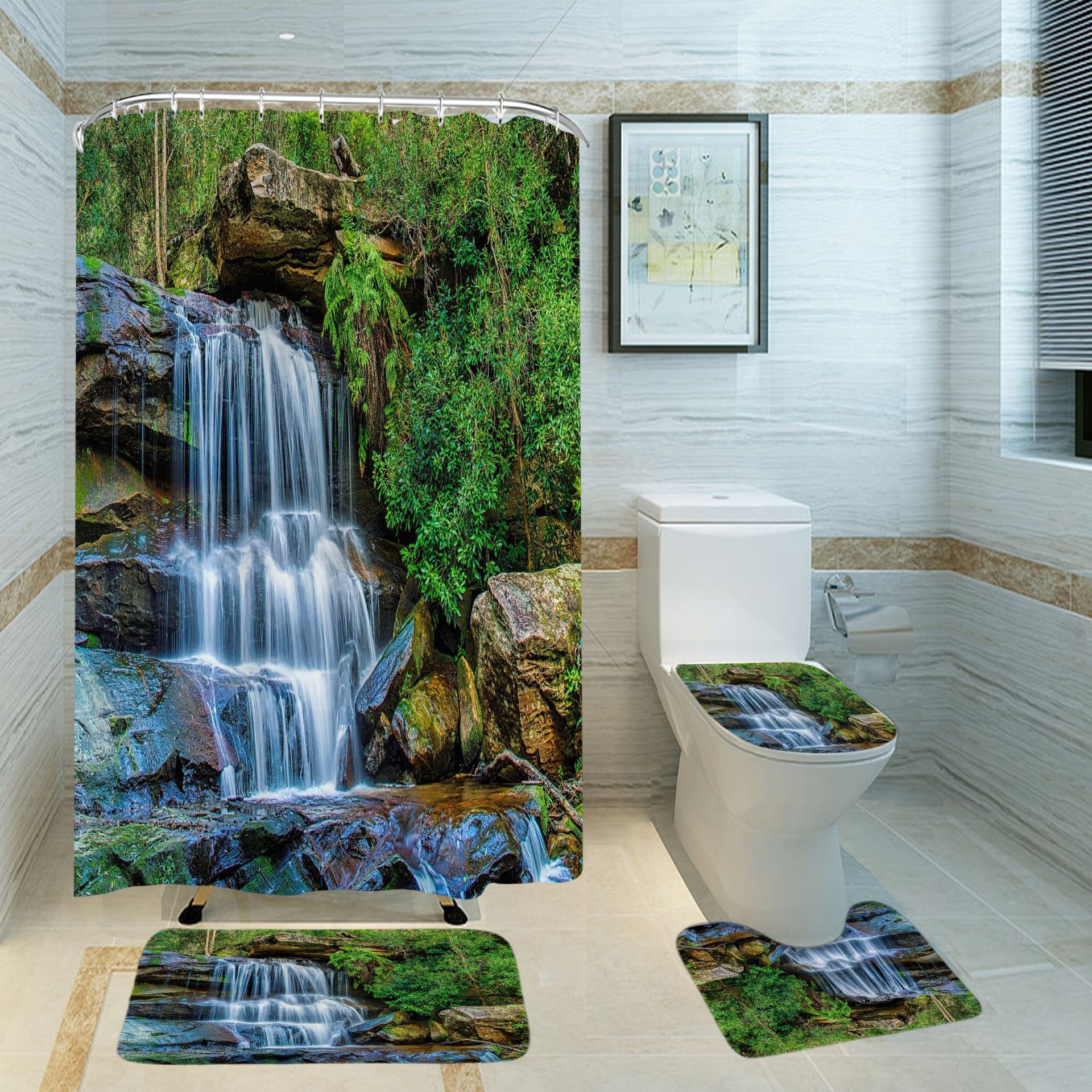 3D Shower Curtain Streams and Waterfall Pattern Bathroom Partition Curtain Set Durable Waterproof Mildew Proof Polyester