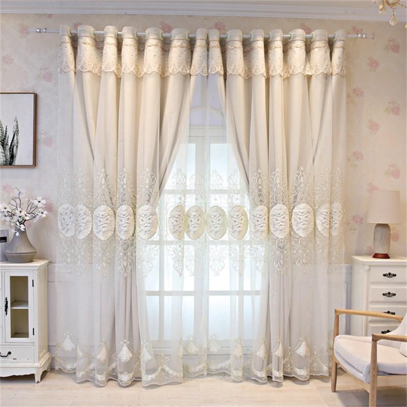 Floral Embroidery Window Curtain Set European Double Curtain Sheer and Lining Blackout Curtains for Living Room Bedroom 2 Panels Drapes Decoration