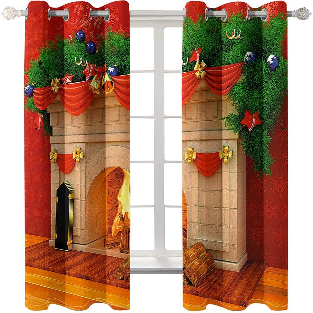 Christmas Fireplace 3D Blackout Curtains Xmas Print Curtains for Living Room Bedroom Window Drapes 2 Panel Set