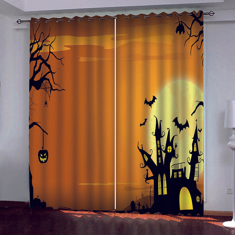 Yellow 3D Happy Halloween Printed Blackout Decoration Window Curtains for Living Room and Bedroom Custom 2 Panels Drapes No Pilling No Fading No off-lining