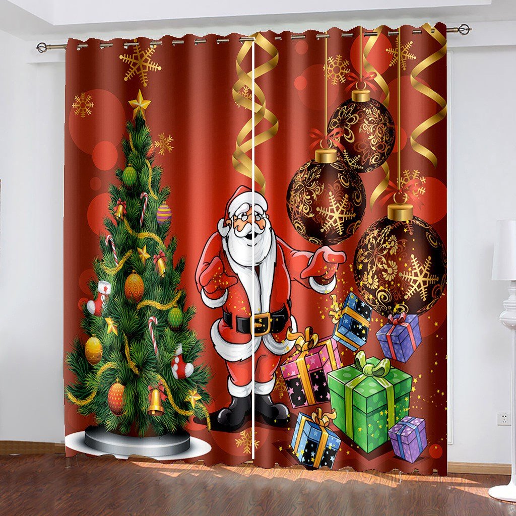 3D Blackout Curtains Christmas Red Santa Claus Christmas Tree Christmas Bells Xmas Print Curtains for Living Room Bedroom Window Drapes 2 Panel Set