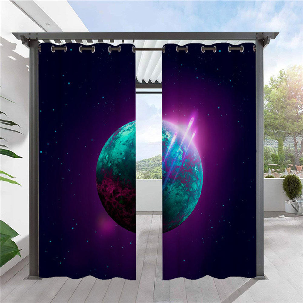 Modern Purple Galaxy Planet Outdoor Curtains 3D Scenery Cabana Grommet Top Curtain Waterproof Sun-proof Heat-insulating 2 Panels