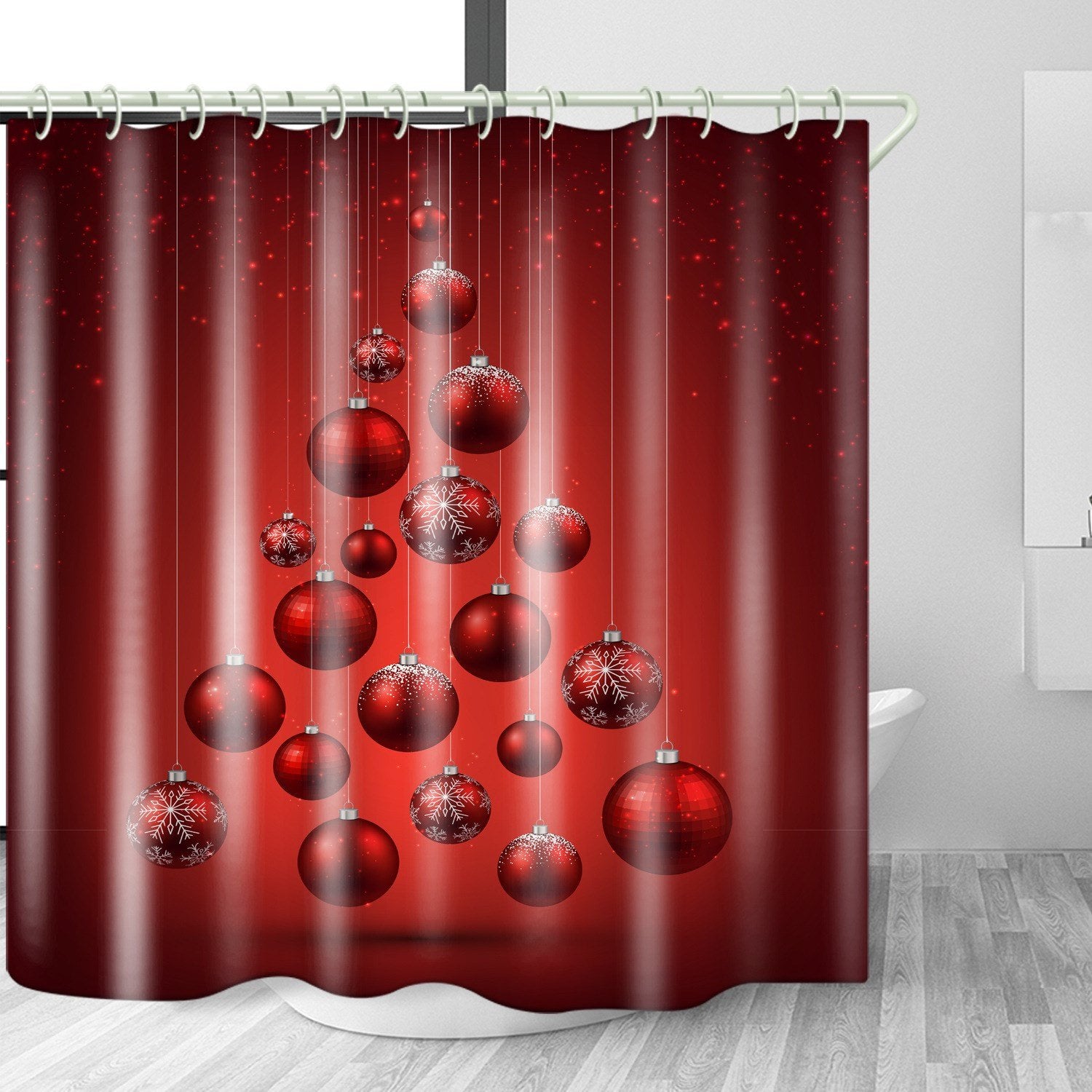 Red Christmas Balls Waterproof and Mildewproof 3D Polyester Shower Curtains with Hooks