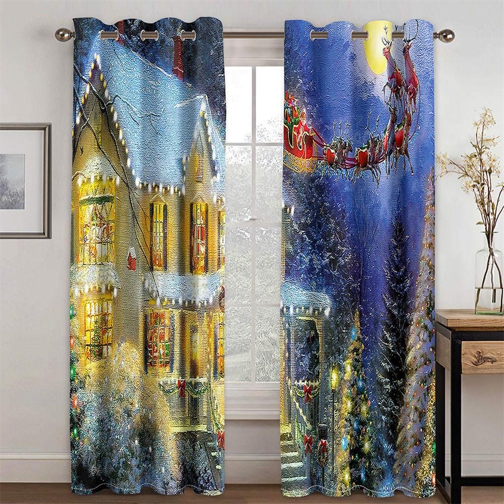 3D Window Curtains Christmas Carriage and Castle Print Blackout Curtains for Living Room Bedroom Window Drapes Chirstmas 2 Panel Set