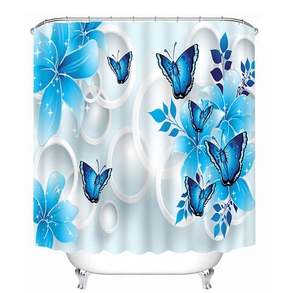 3D Butterflies and Flowers Printed Polyester Sky Blue Bathroom Shower Curtain