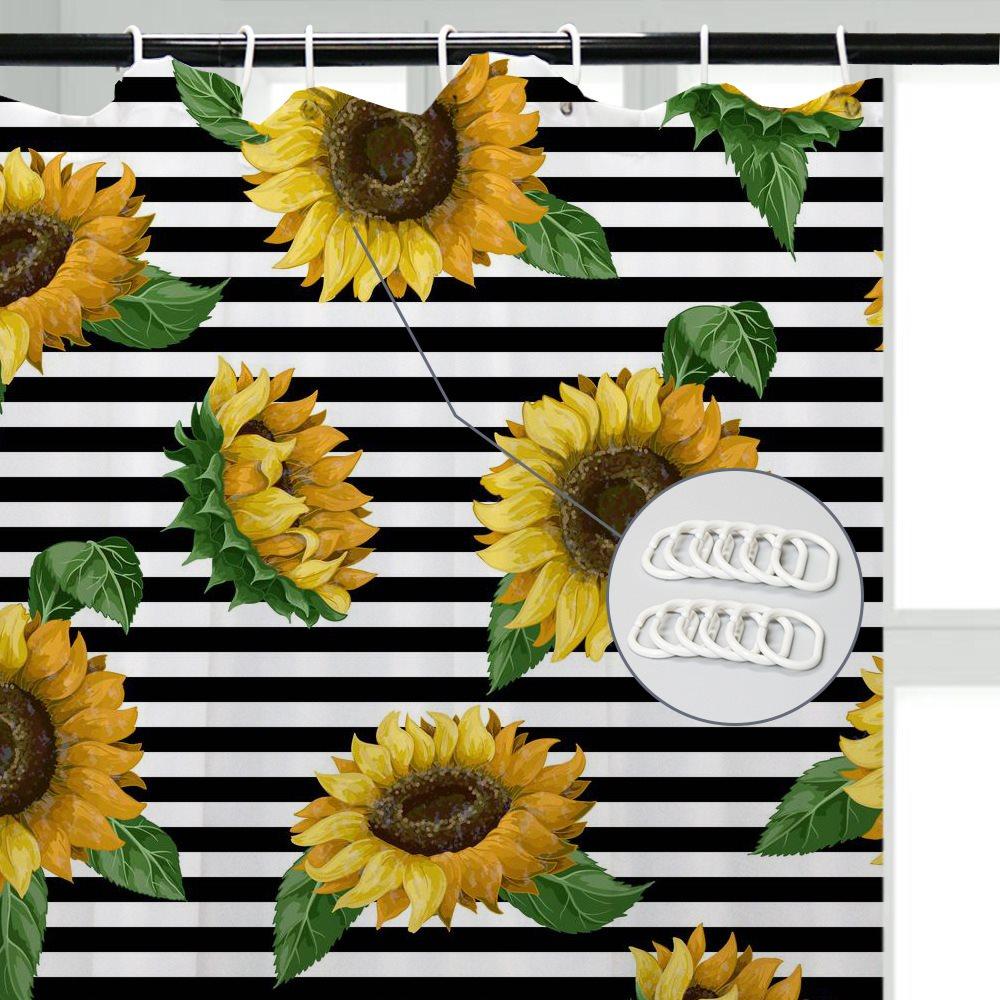 Black Stripes Sunflower 3D Shower Curtain Bathroom Partition Curtain Set Durable Waterproof Mildew Proof Polyester