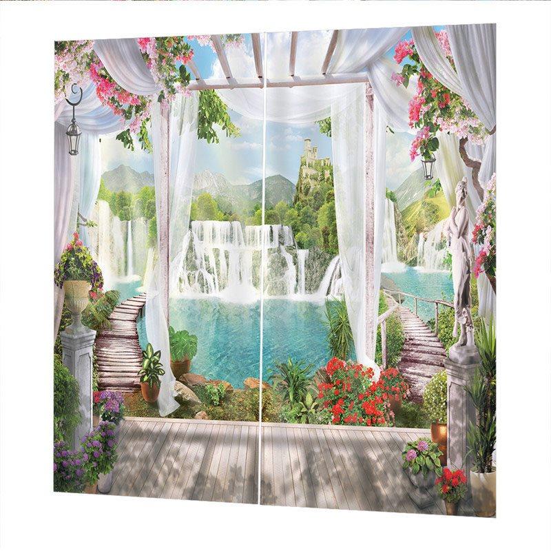 Blackout Creative Window Curtains 3D Scenery Print 260 Gram Weight for Better Shading Effect and Water-Repellent Fabrics Non-PVC