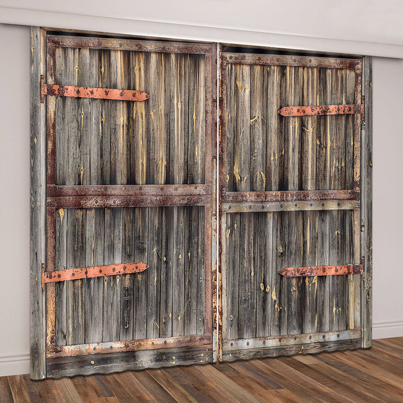 3D Printed Rustic Old Wooden Barn Door of Farmhouse Oak Countryside Curtains 2 Panels