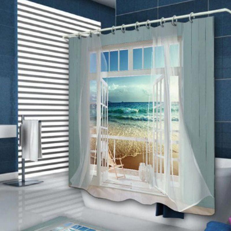 Window Frame Ocean Scene 3D Printing Shower Curtain