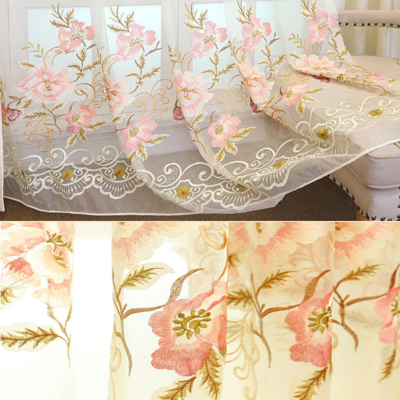 Beige Organza with Embroidered Pink Peach Flowers Romantic and Elegant Window Sheer Drapes