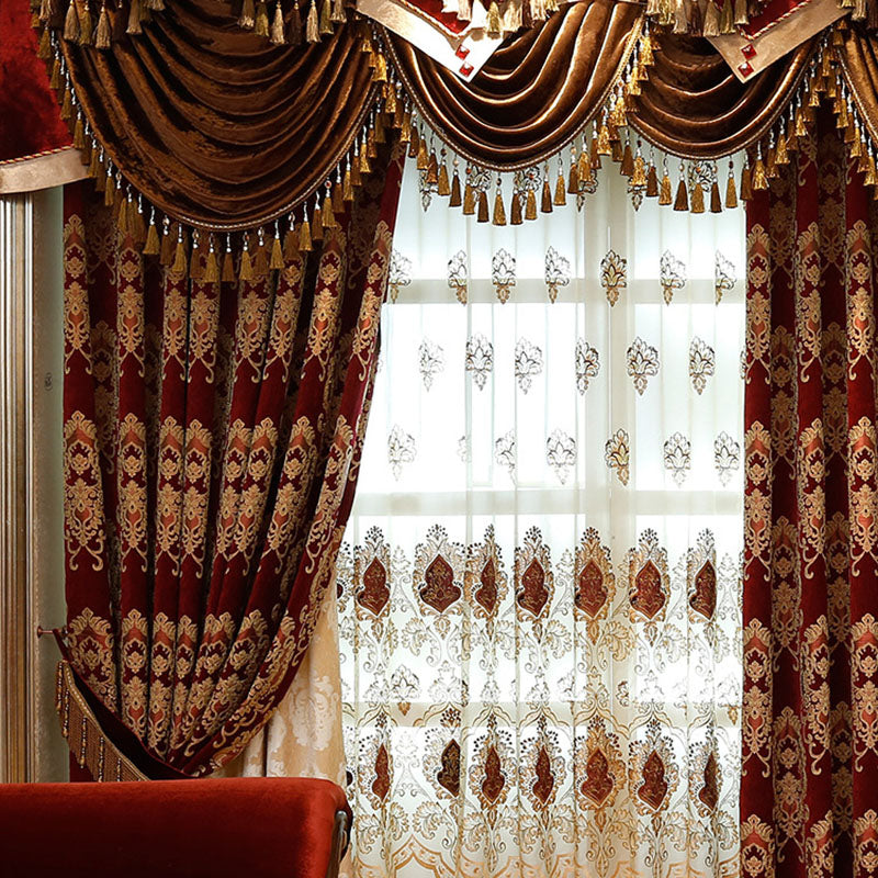 Luxury Chiffon Embroidery Sheer Curtain Blackout Burgundy Tulle for Living Room Bedroom Window Decor 2 Panels Drapes Breathable Voile