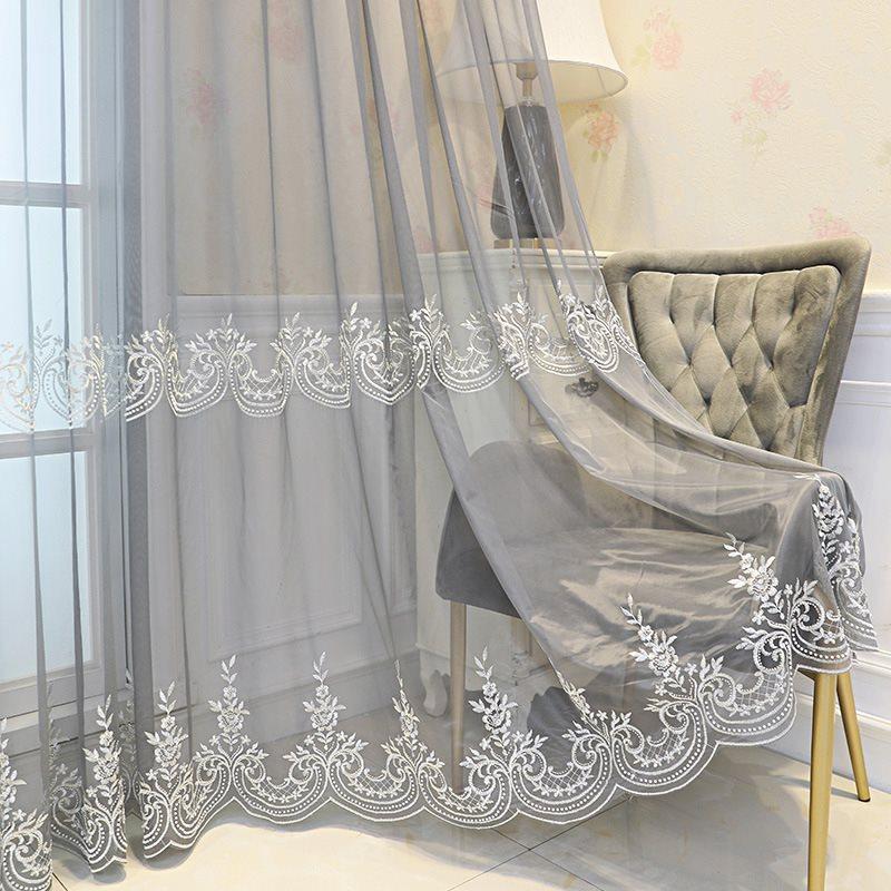 Embroidery Tulle Nail Bead Gray Luxury Sheer Curtains for Living Room Bedroom Decoration Custom 2 Panels Breathable Voile Drapes