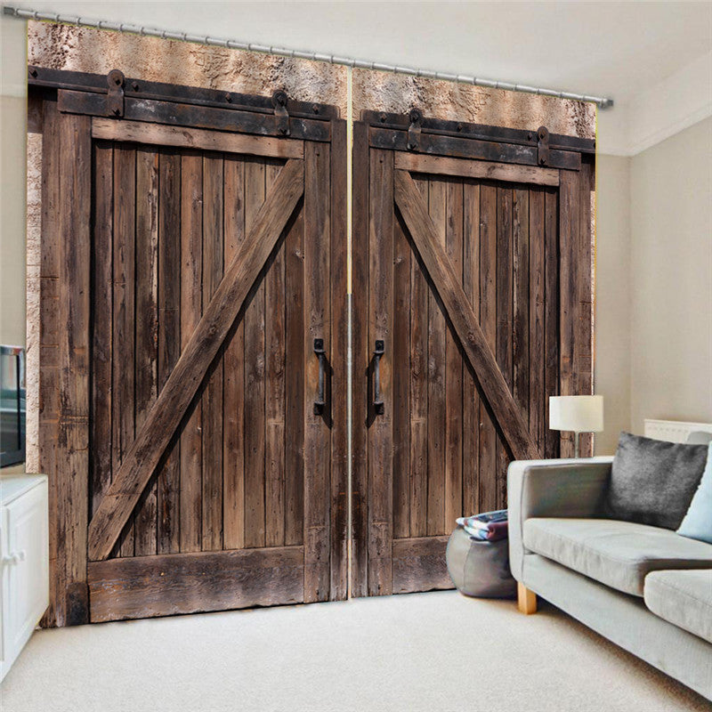 3D Old Wooden Barn Door Decorative Polyester Custom Blackout Curtains for Living Room and Bedroom