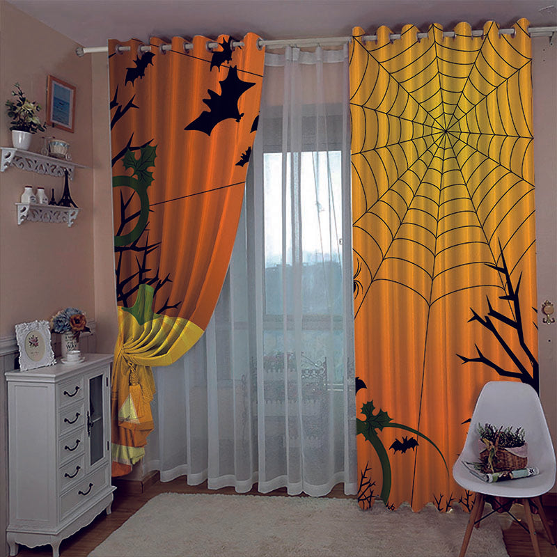 3D Yellow Halloween Pumpkin Spider Web Printed Blackout Decoration Window Curtains for Living Room and Bedroom Custom 2 Panels Drapes No Pilling No Fading No off-lining