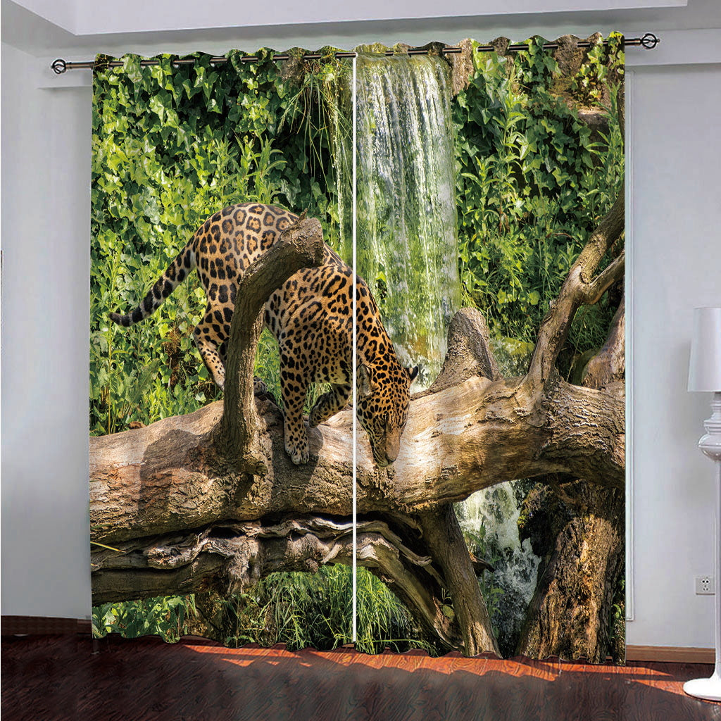 Modern Blackout Custom Living Room 3D Animal Print Curtains Thick Polyester to Provide Privacy with A Leopard on the Branch Waterfall Design to Provide Decorative Appeal