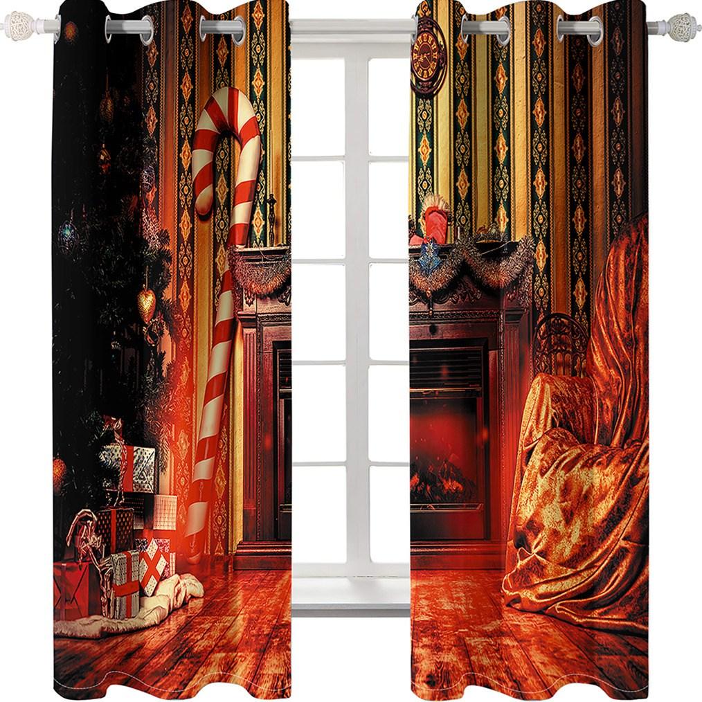 Christmas Gifts 3D Window Curtains Fireplace Print Blackout Curtains for Living Room Bedroom Window Drapes Chirstmas 2 Panel Set