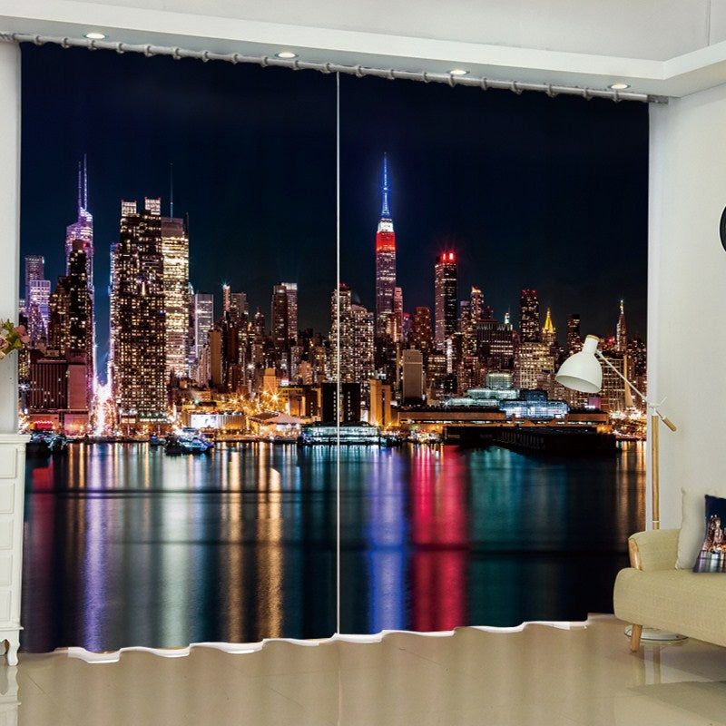 3D Modern Buildings Printed Wonderful Night Scenery 2 Panels Custom Living Room Curtain