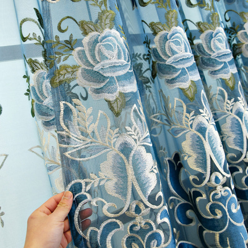 European Vintage Blackout Curtains High Quality Elegant Blue Chenille Embroidery Window Curtains Sheer for Living Room Bedroom 2 Panels Drapes