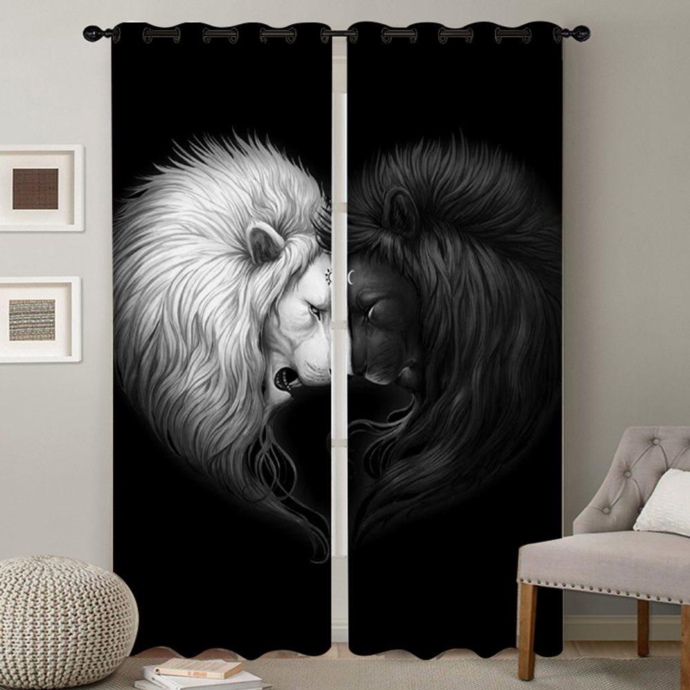 Creative Black 3D Printed Blackout Curtains Two Lions Custom 2 Panels Drapes for Living Room Bedroom Decoration No Pilling No Fading No off-lining Heat insulation Sun Protection Waterproof Polyester