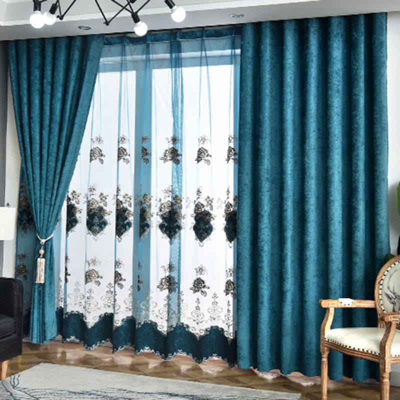 Modern Simple Window Curtains Chenille Blue Blackout Curtains for Living Room Bedroom Darkening Custom 2 Panels Drapes