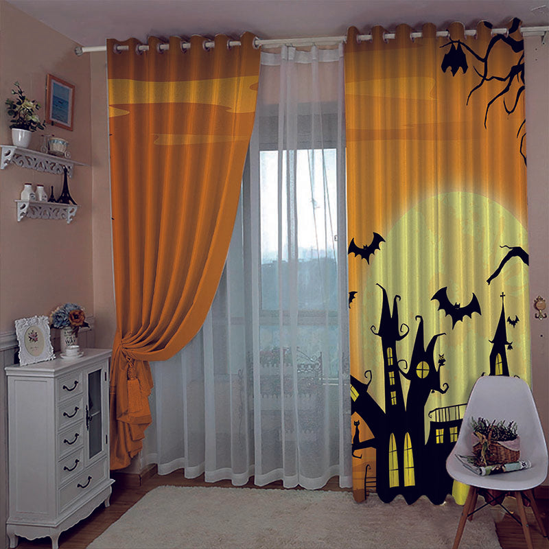 Yellow 3D Happy Halloween Printed Blackout Decoration Window Curtains for Living Room and Bedroom Custom 2 Panels Drapes No Pilling No Fading No off-lining