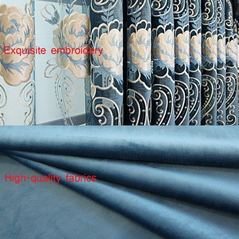 Luxury Blue Blackout Curtains Exquisite Floral Embroidery Sheer Window Shading Curtains Valance for Living Room Bedroom Custom Set of 2 Panels Drapes