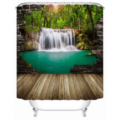 3D Waterfall and Forest Printed Polyester Green Bathroom Shower Curtain