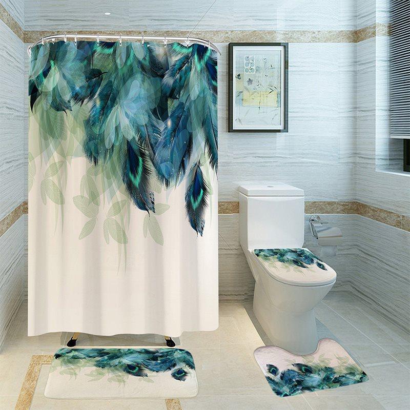 3D Shower Curtain Blue Feather Pattern Bathroom Partition Curtain Set Durable Waterproof Mildew Proof Polyester