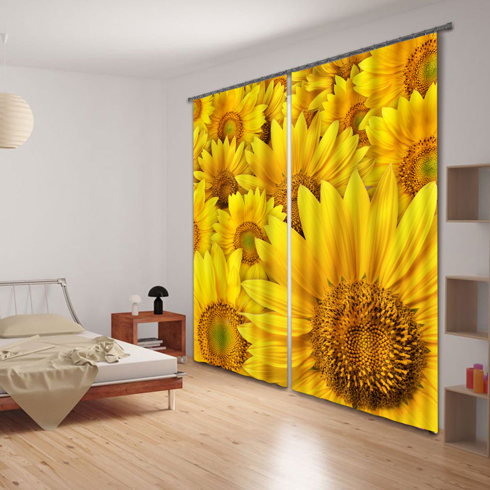 Mustard Yellow 3D Blackout Curtains Beautiful and Vivid Sunflowers Printed Thick Polyester Custom Shading Curtain