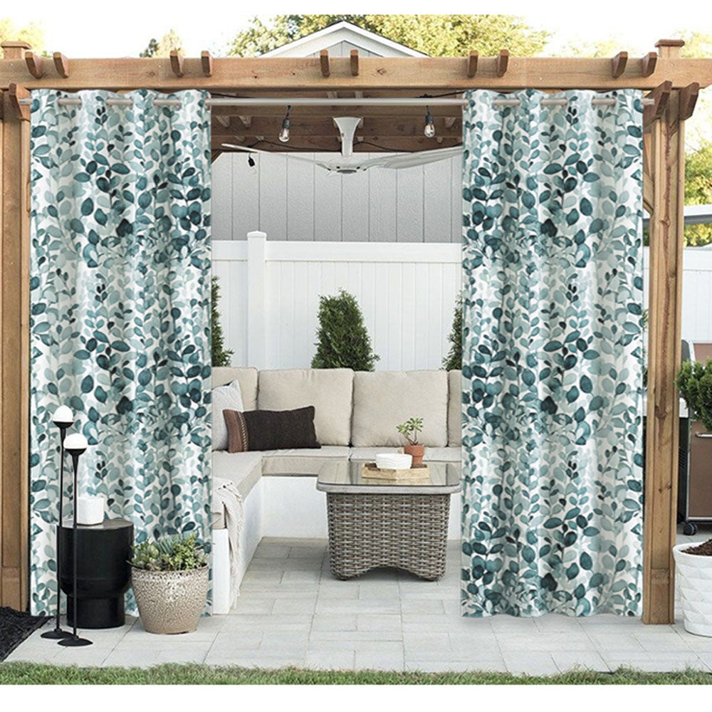 Modern Outdoor Curtains Green Watercolor Leaves Grommet Top Cabana Curtain Waterproof Sun-proof Heat-insulating 1 Panel