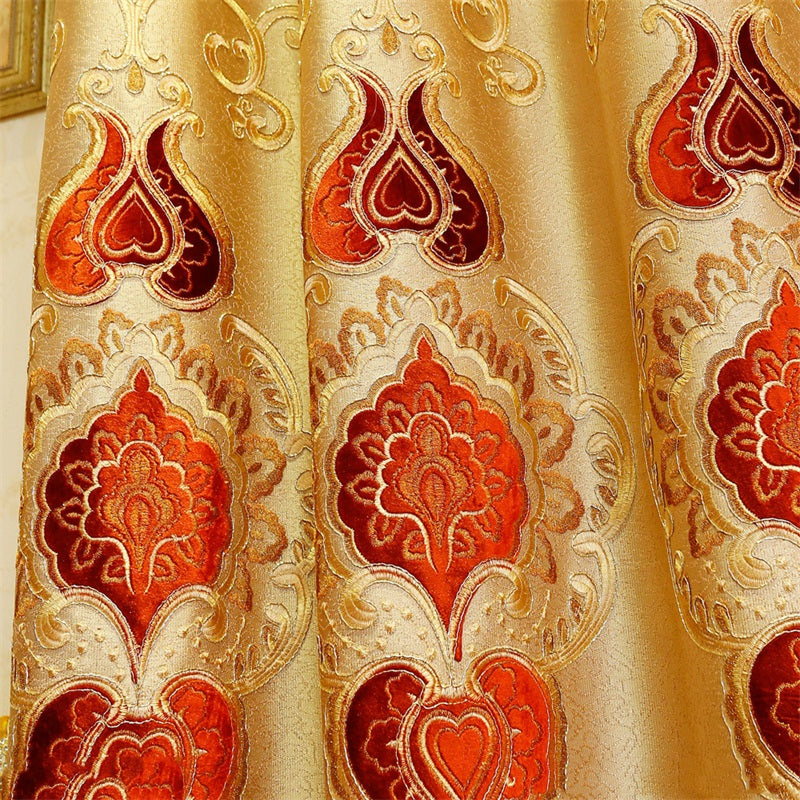 Noble and Elegant Blackout Curtains Thick Chenille Embroidered Golden and Red Flowers Shading Curtain 2 panels Grommet Top Curtain