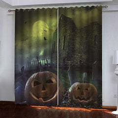 3D Green Halloween Night Pumpkin Printed Blackout Decoration Window Curtains for Living Room and Bedroom Custom 2 Panels Drapes No Pilling No Fading No off-lining