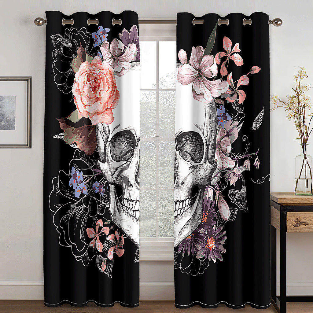 Black Halloween 3D Skull with Flowers Printed Blackout Decoration Window Shading Curtains Custom 2 Panels Drapes