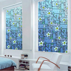 Painting Blue Flowers Window Film Stained Glass No-Glue Self Static Cling for Home