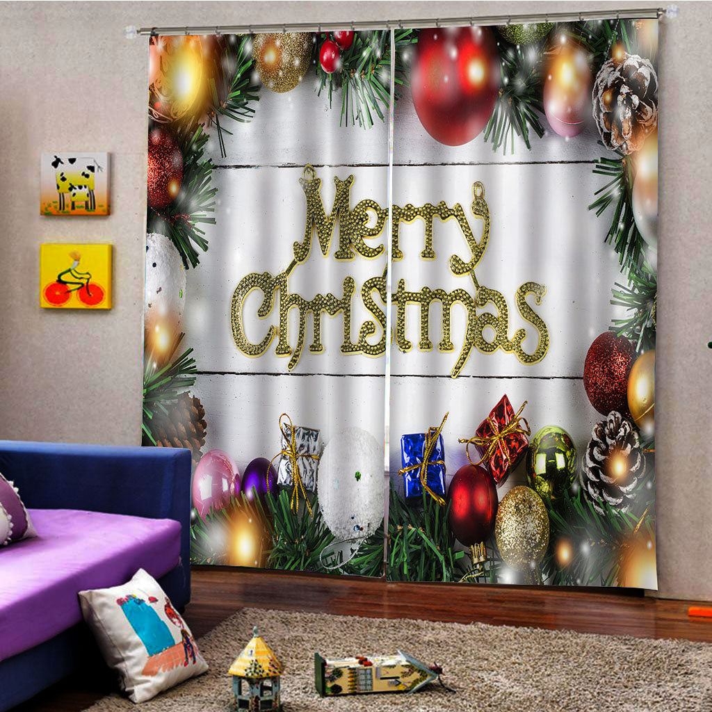 Christmas 3D Digital Print Curtain with Pine Leaves Ball Classic Design Print