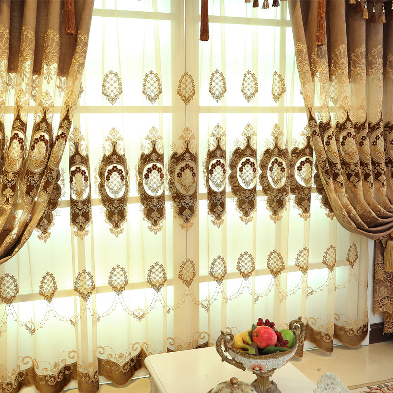 Gold Luxury Elegant Embroidered Chiffon Voile Sheer Curtains for Living Room No off-lining No Fading Net Curtains